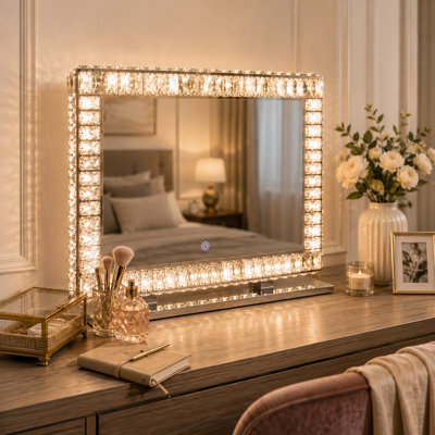Crystal Vanity Mirror with Lights, 27.6" x 19.7" Large Lighted Makeup Mirror, Hand-Placed Crystal Frame, 3 Color Lighting Modes, CRI 90+ Dimmable LED Mirror, Tabletop or Wall Mounted for Bedroom & Vanity