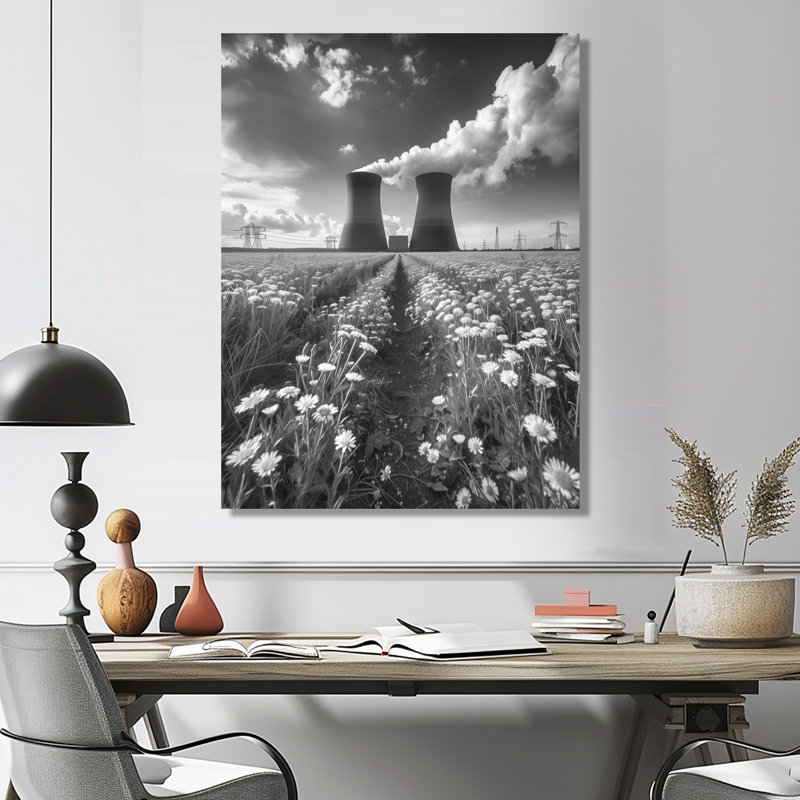 Tour de centrale électrique monochrome grise - centrales électriques, Toile tendue, H 40 po x l 30 po x P 1,5 po