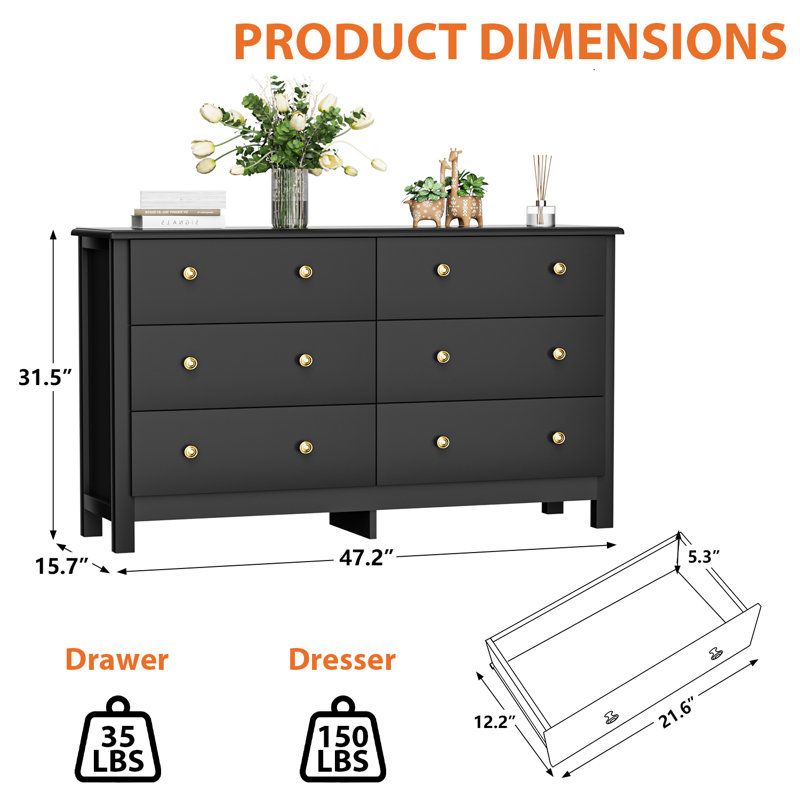 47.2 " W 6 - Drawer Dresser, Black