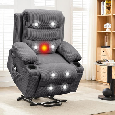 Fauteuil inclinable électrique Power Lift pour personnes âgées avec chaleur lombaire et massage à 5 modes, canapé en tissu respirant avec porte-gobelets, poches latérales et port USB intégré, gris