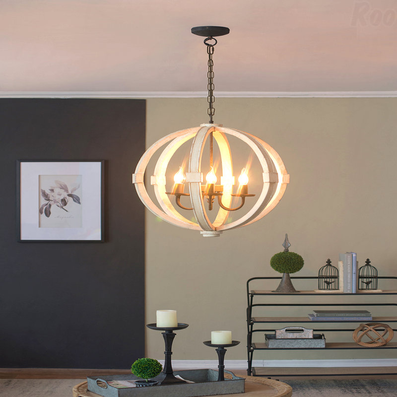 Lustre - luminaire suspendu en bois 6 lumières, chaîne réglable