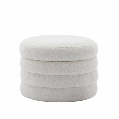 Boucle Fabric Storage Round Ottoman Footstool With Wooden Shelving by George Oliver
