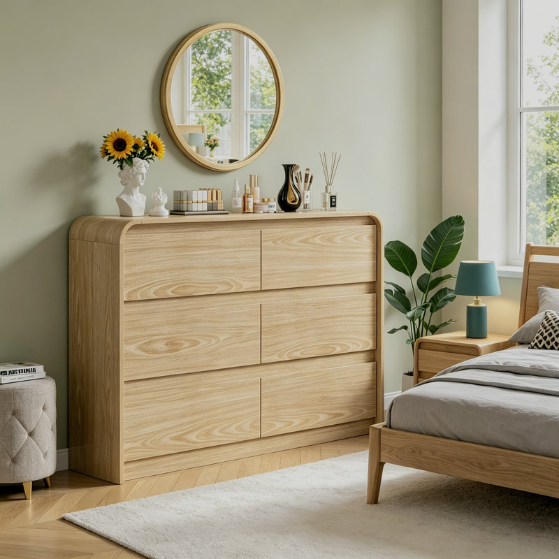 Commode 6 tiroirs 47,3 "avec coins arrondis, commode double en bois naturel pour la chambre à coucher et le salon