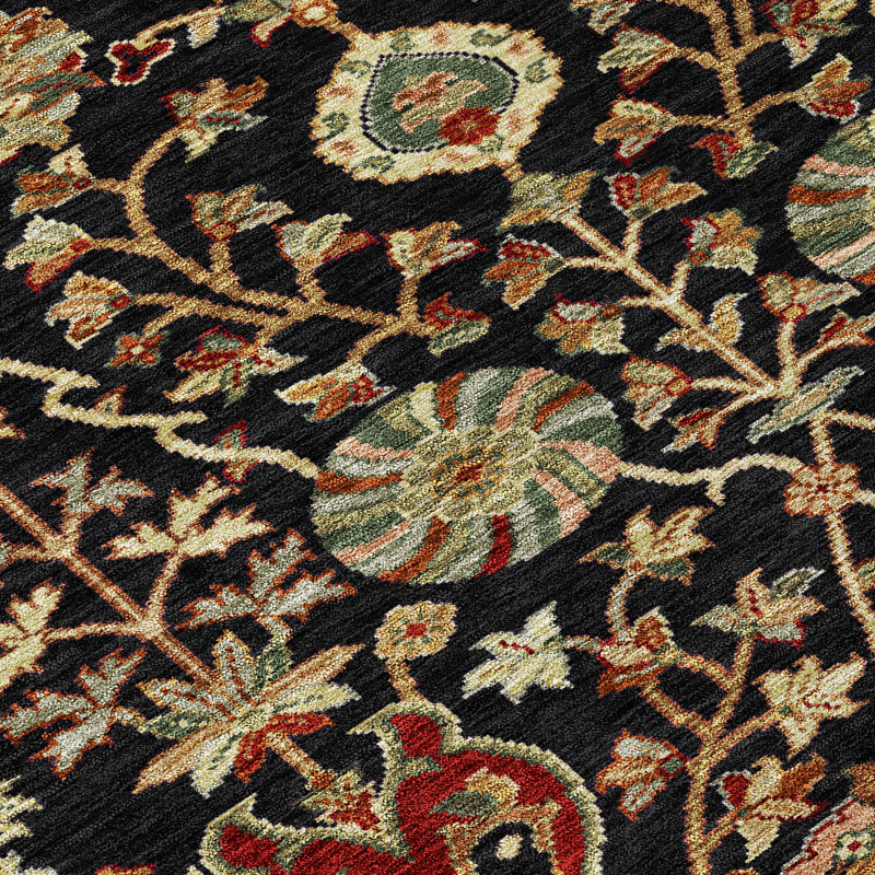Black Floral Synthetic Rectangular Washable Area Rug