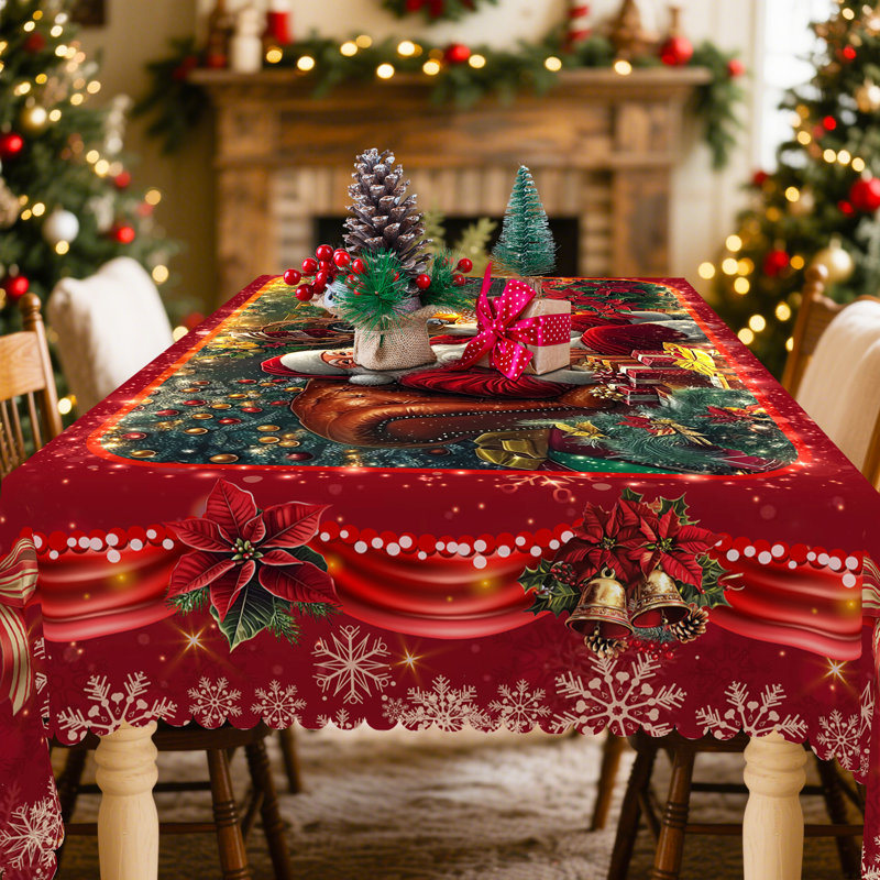 1pc Vintage Christmas Lenart With Santa & Reindeer Design - Round Table, Rectangle Table Cover, Festive Red Christmas Flowers Polyester Table Cover For Indoor/Outdoor Holiday Parties, Kitchen Decor And Gifts, Christmas Table Cloth