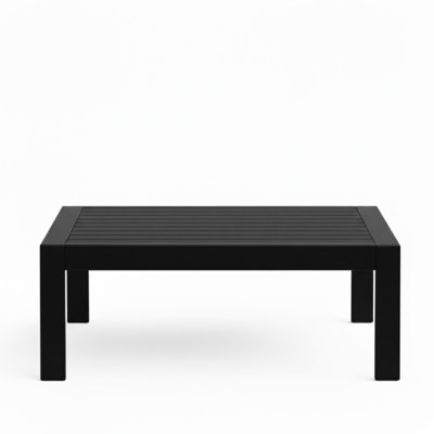 Table basse en métal résistant aux intempéries 43 x 24 po avec structure en bois noir rouille et plateau aspect bois, couleurs neutres. Structure en bois noir imperméable de 43 po x 24 po, idéale pour la décoration de jardin.