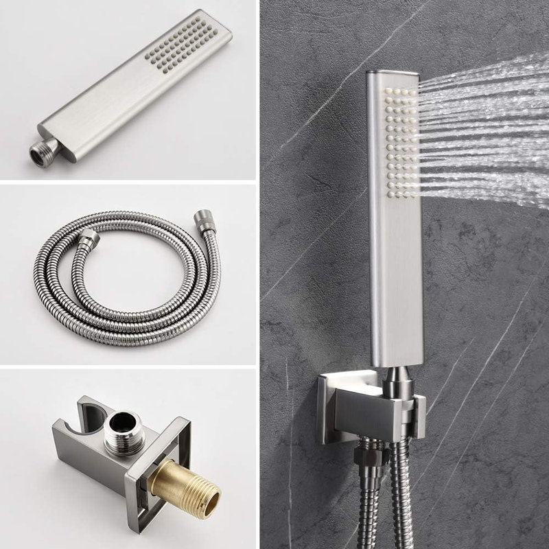 Iriber High Pressure Rainfall Shower System With Concealed Installation - 12 Inch Square Rain Shower Head, Handheld Shower, Brass Shower Arm And Mixer Valve Combo Set