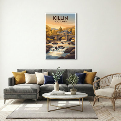 Killin, Scotland - Romantic Vintage Travel Poster Of The Falls Of Dochart And Loch Tay. Giclee Print On Wrapped Canvas. Wall Art, Home Decor - Cities & Towns, Scotland - Wrapped Canvas Print