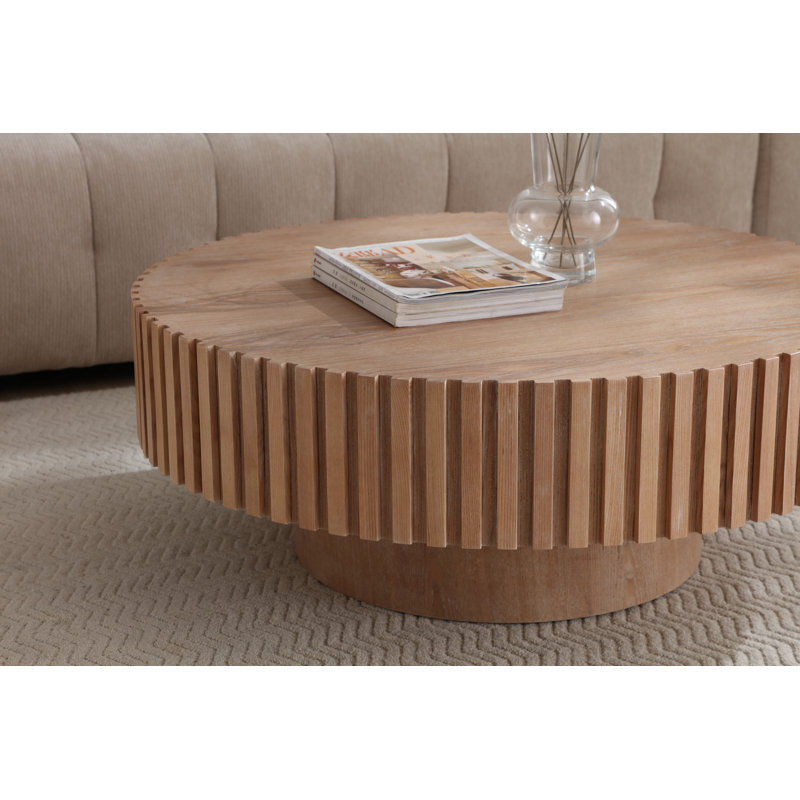 35.4" Round Coffee Table, Modern Wood Fluted Drum Coffee Table, Handcrafted Circle Design, Easy Assembly, Oak For Living Room