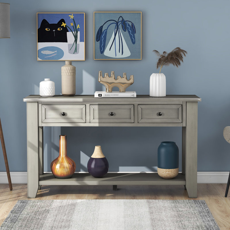 Console moderne de 55 po avec 3 tiroirs et 1 tablette Shauney, Gris
