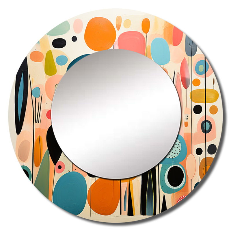Rose Mid Century Playful Patterns II - miroir moderne de style Mid-Century, miroir mural rond rose unique, impression d'art en métal