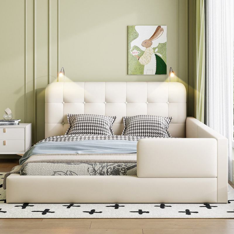 Lit plateforme tapissier avec 2 lampes de lecture