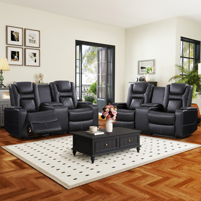 Canapé inclinable Alverez 72,44 po luxueux en similicuir de qualité supérieure avec bouton-poussoir inclinable, siège de cinéma maison avec port USB et porte-gobelets et compartiment de rangement (ensemble de 2)