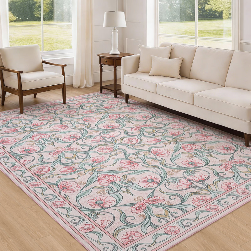 Area Rug, Floral Washable Rugs, Modern Style, Non-Slip Low-Pile Soft Floor Carpet for Bedroom, Living Room, Dining Room
