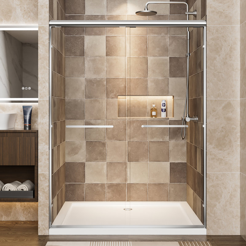 Porte de douche coulissante double 54 po avec verre trempé transparent, cadre en aluminium chromé et poignées en acier inoxydable