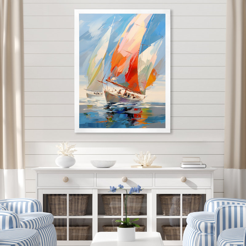 Fresin voilier abstrait, vents I - Bateau à voile, reproduction d'art sur toile encadrée, Cadre simple blanc