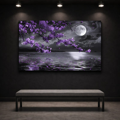 Canvas Wall Art - Moonlit Cherry Blossoms by the Lake, Spring Floral Reflection - 24" x 36" for Bedroom and Living Room