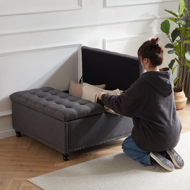  35.5'' Upholstered Storage Square Ottoman, Gray Linen Blend