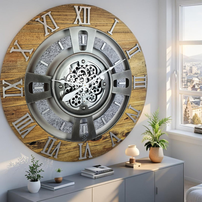 Wall Clock 36" Oversized for Living Room decor with Real Moving Gears England Collection, Wood Stone