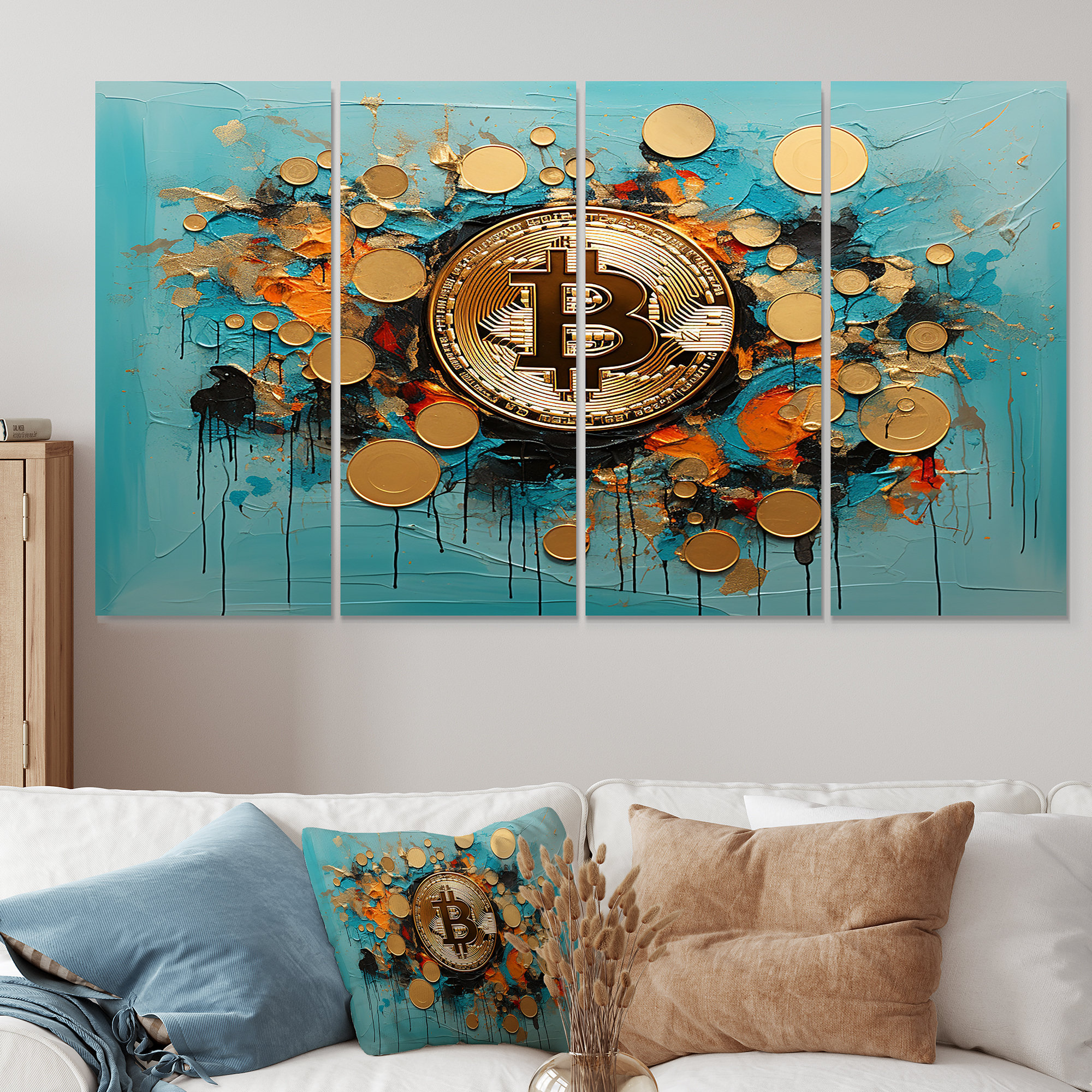 Trinx Gold And Blue Crypto Bitcoin Collage - Fashion Bitcoin 4 Piece Wall  Art Decor Set | Wayfair