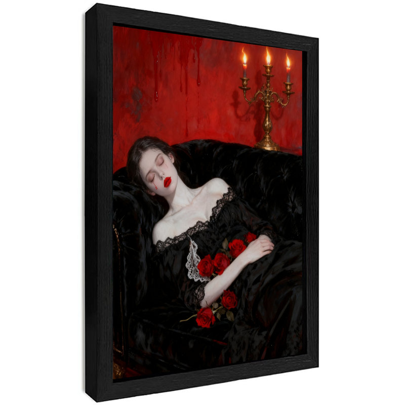 Encadré noir, robe noire rétro et agencement de couleurs rouges, impressions de style gothique foncé, H 11 po x l 9 po