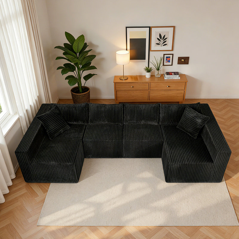 Boneless 128" U-Shaped Modular Sofa, Black Corduroy, No