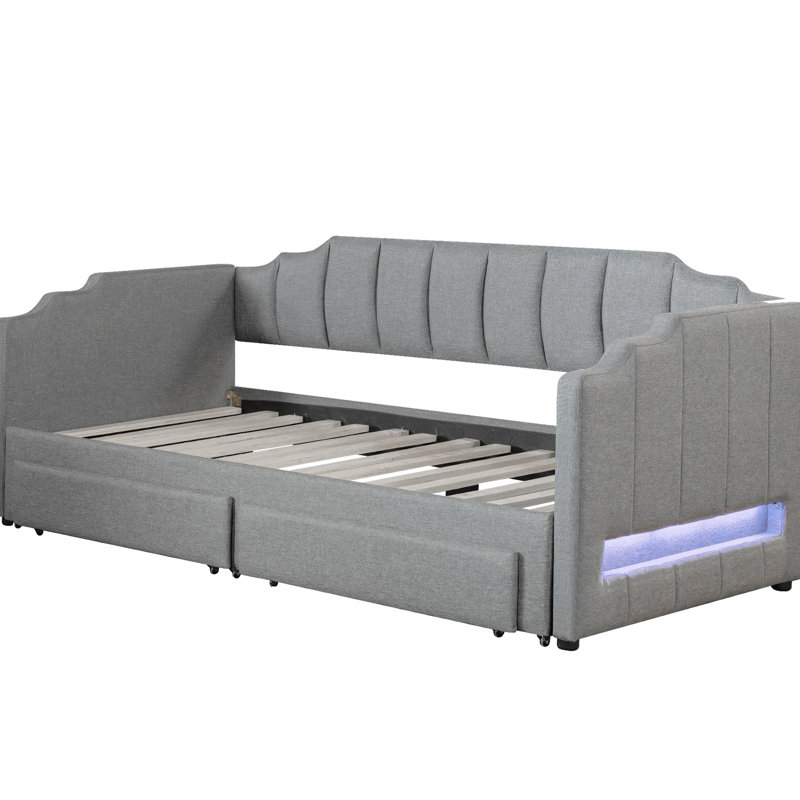 Gray Twin Xl Extendable Daybed With Storage Drawers And Adjustable Led Settings, Solid Wood Structure To King Upholstered Two Drawers, Gray, Suitable For Changing Needs