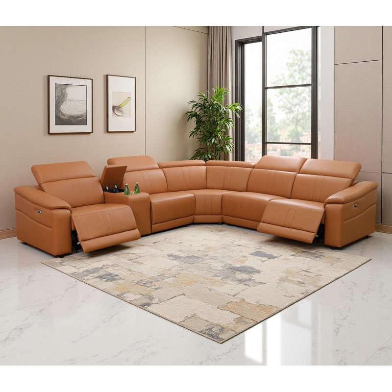 6-Pieces Breathing Leather Living Room Upholstered Power Reclining Sectional With Storage Console and Adjustable Headrest