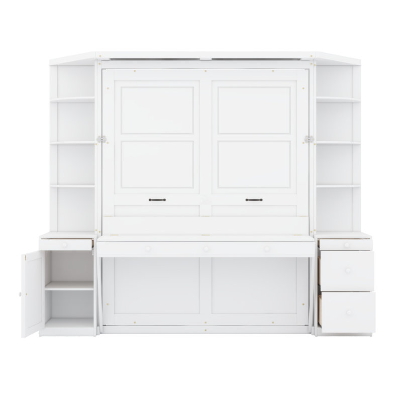 Lit escamotable avec bureau intégré et système de rangement pour bureaux à domicile compacts, Blanc
