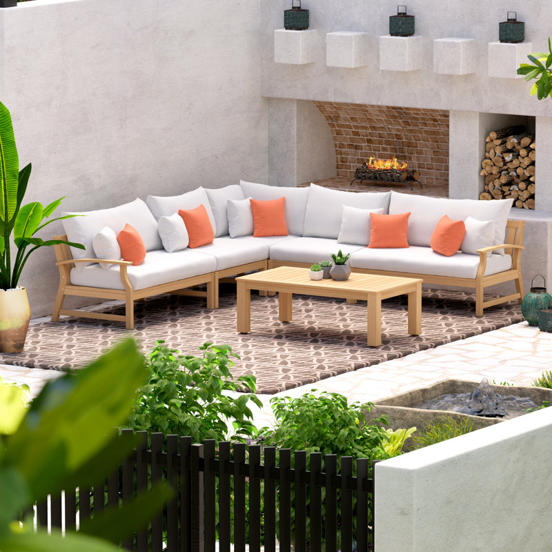 Paulet 6 Piece Sectional Seating Group With Sunbrella Cushion Covers, Bliss Beige Sunbrella®