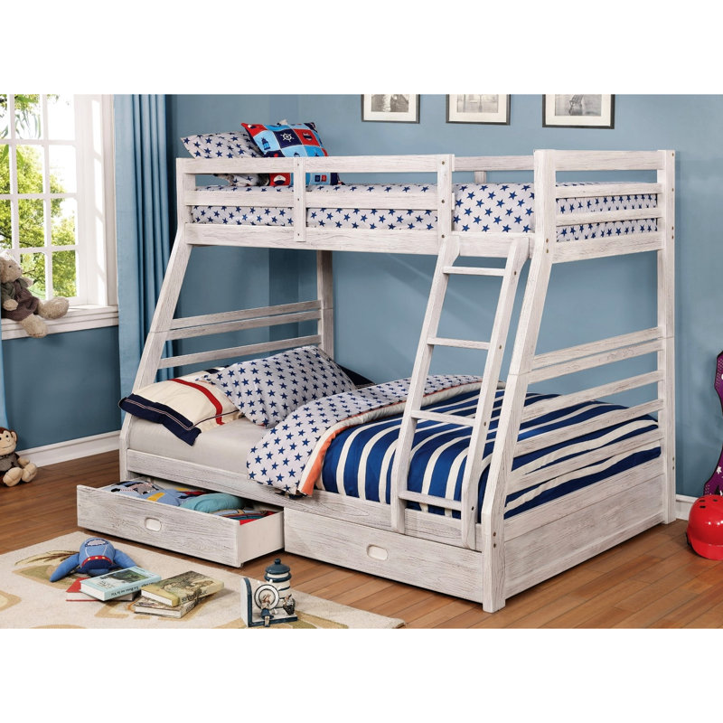 Lit superposé simple au dessus d'un lit double avec deux tiroirs attachés pour la chambre à coucher, style transitionnel, placage en bois massif, rangement pour la chambre au fini blanc brossé, matériau principal, surface