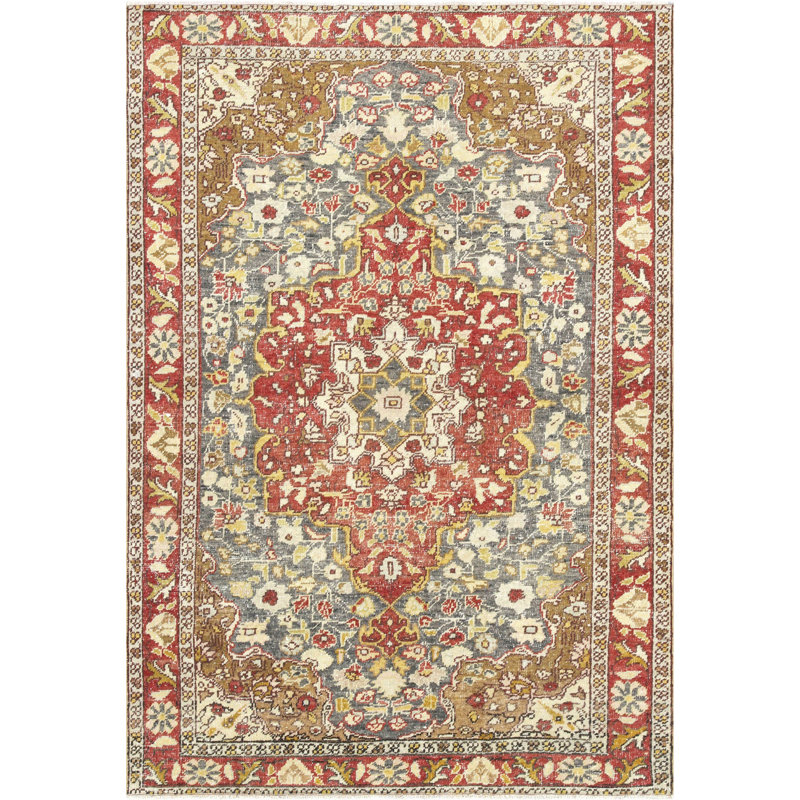 Tapis unique en laine noué à la main des années 1960 de 4 pi 4 po x 6 pi 4 po bleu / rouge / beige