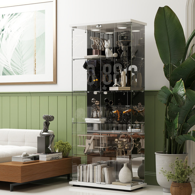 Razuri Tempered Glass Display Cabinet with Mirrored Back Panel, 5-Shelf Curio Cabinet with 2 Door, White