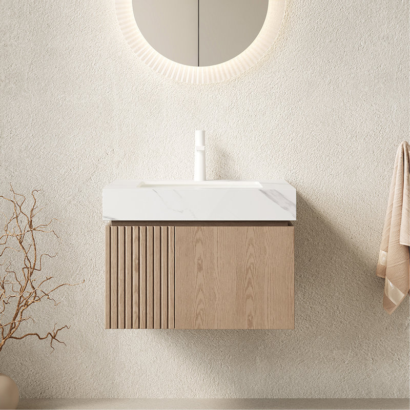 Meuble-lavabo de 24 po avec lavabo, armoire de rangement flottante en contreplaqué avec 2 portes, comptoir en pierre frittée blanc Carrara et lavabo en céramique avec 1 trou de robinet pré-percé, pré-assemblé