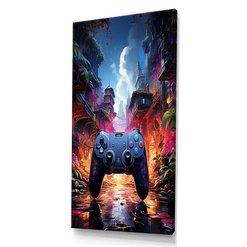 Contrôleur de jeu vidéo Neon Haven I - Art mural de jeux vidéo, Toile tendue, H 60 po x l 28 po x P 1,5 po