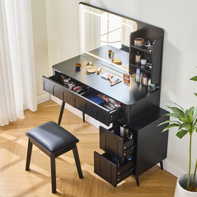 Modern Makeup Vanity Desk With LED Lights & Mirror, 4 Drawer Dressing Table Set With Stool, 3 Colors Dimmable Brightness, Space-Saving For Bedroom