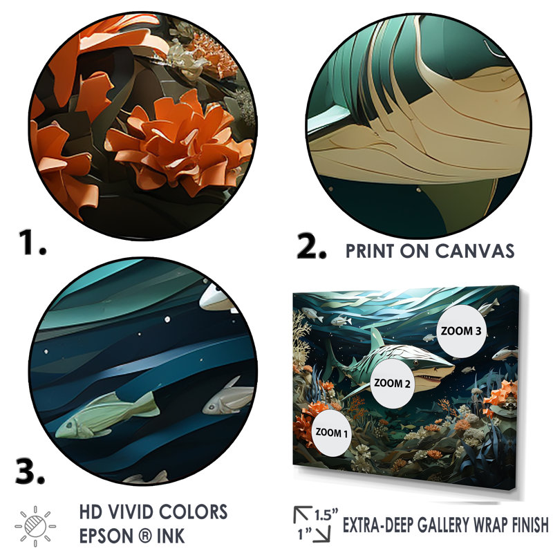 " Coral And Sharks Collage Symetry II ", Gold Single Picture Framed, 16" H x 32" W x 1" D