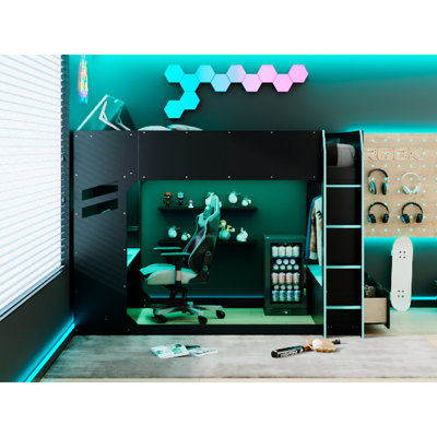 Lit mezzanine double avec bureau réglable, éclairage, tête de lit armoire de rangement, tiroirs doubles et tringle à vêtements. Idéal pour étudier les jeux vidéo. Le bureau a deux réglages de hauteur: 21,9 po et 29,9 po