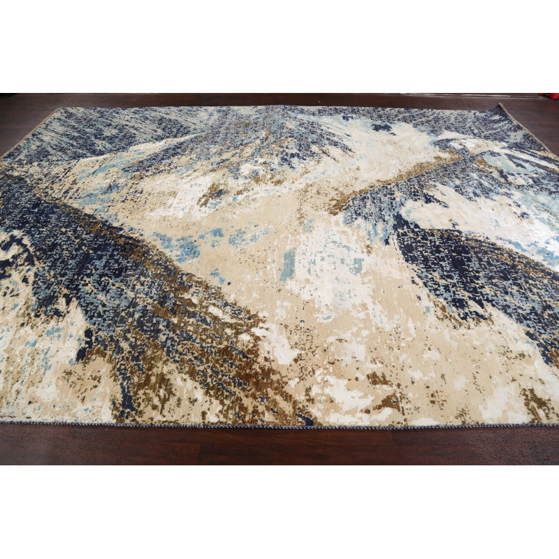 Tapis ivoire / bleu noué à la main de conception unique 9 pi x 12 pi 2 po New Age