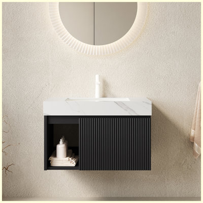 Meuble-lavabo suspendu noir de 76 cm avec lavabo | Plan de travail en pierre frittée blanche de Carrare et lavabo en céramique | 1 trou pré-percé pour robinetterie | Livré démonté, sans robinetterie ni bonde