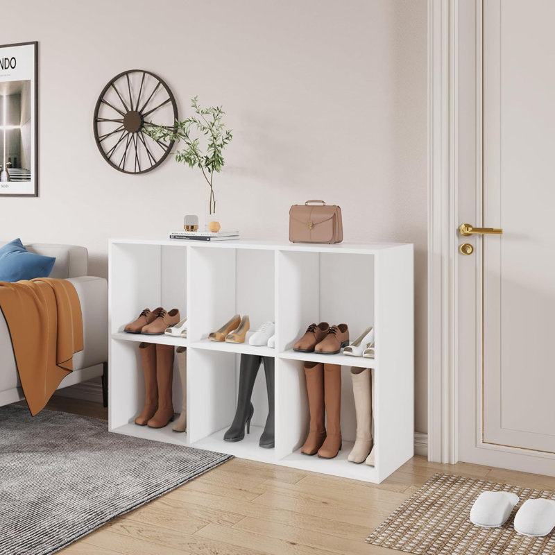 Latitude Run® Shoe Rack, 6 Compartment Open Storage Display Shoes Organizer FSSR016, Ivory White