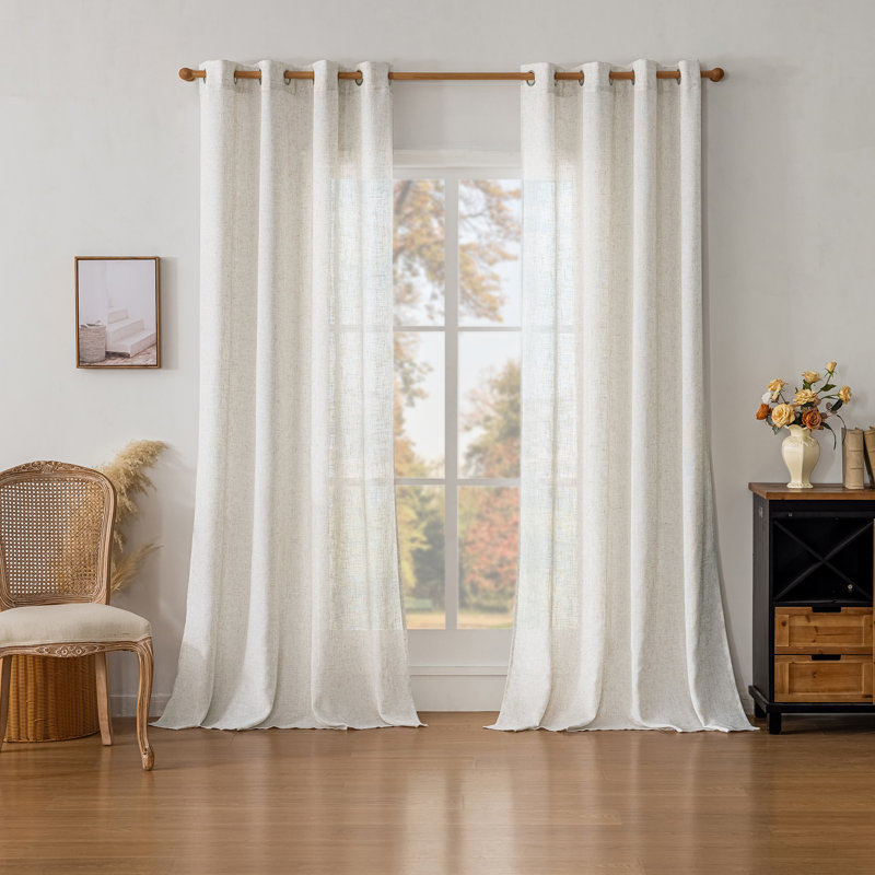 Draycott Light Filtering Linen Textured Polyester Semi-Sheer Grommet Curtain Pair, White, 52" W x 63" L