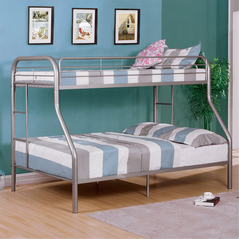 Lit simple superposé au dessus d'un lit double en métal de style contemporain avec échelle en angle, Argent argent