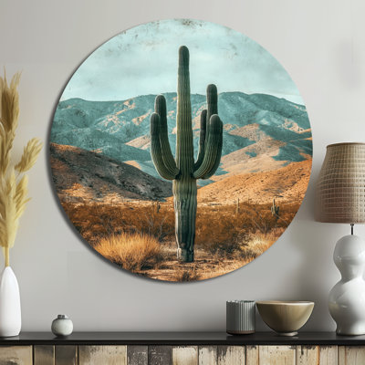 «Cactus and the Desert Hills II», reproduction d'art traditionnelle en métal vert, art mural rond en métal Cactus