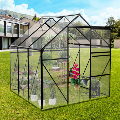 Serre de plain-pied 6 x 6 pi - Polycarbonate noir avec toit ajustable pour cour extérieure toutes saisons, base galvanisée noire, porte coulissante robuste pour la culture de plantes, ventilation, toit