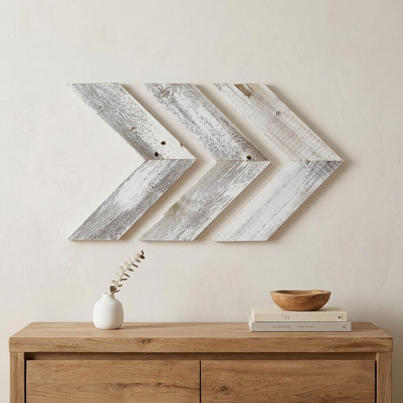 Set of Three White Distressed Wood Hanging Arrow Dimensional Sculptures, 10" H x 12" W x 3" D, White Washed