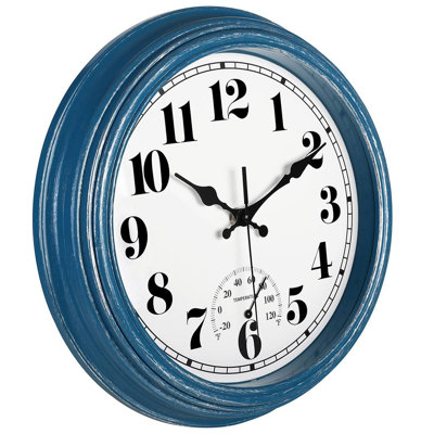 12" Retro Blue Outdoor Clock - Waterproof Vintage Wall Clock With Temperature