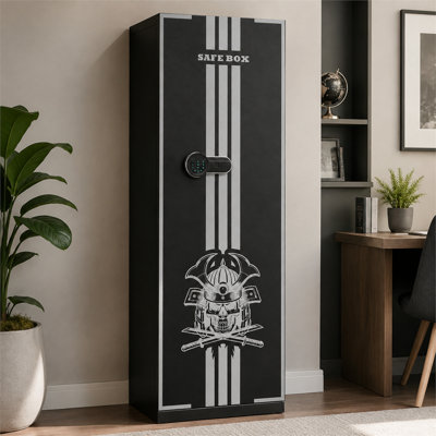 56.4"H Large Digital Gun Cabinet for 4 Guns with Key & Password Lock,3 Ammo Slots & 2 Adjustable Racks for Quick‑Access Rifle Handgun Storage