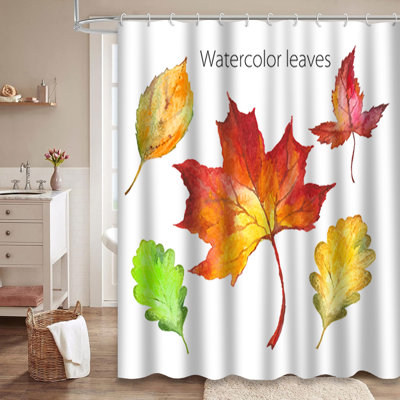 Colorful Watercolor Autumn Fall Leaves Shower Curtain with 12 Hooks