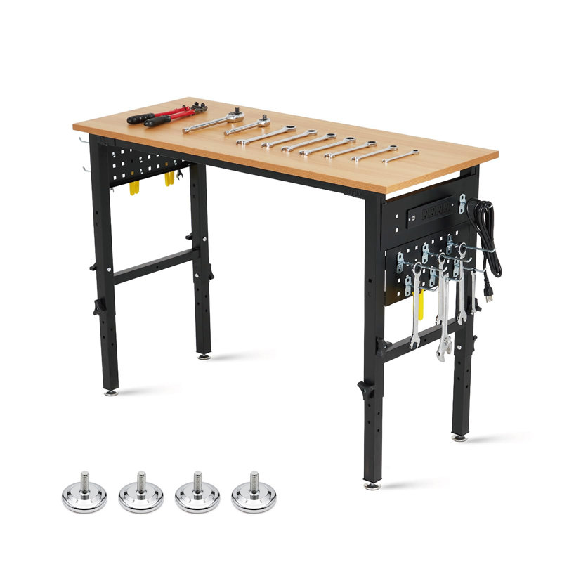 48x20IN Adjustable Workbench Desk, Hardwood Top with Outlets & Metal Frame